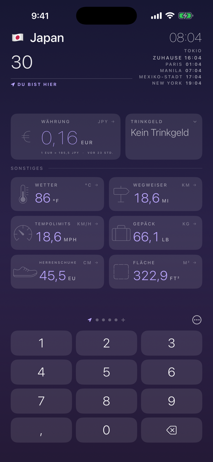 Jede Einheit auf einmal. 30 € sind auch 86 °F, 18,6 Meilen und 66,1 lb.