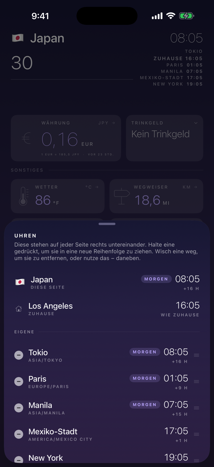 Hier und zuhause, mit dem Tagesunterschied.