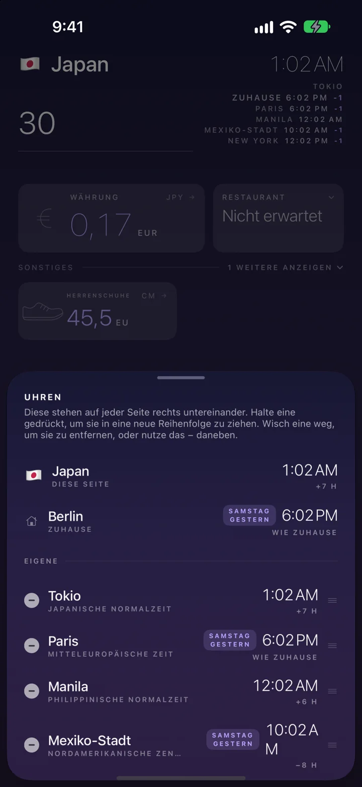 Hier und zuhause, mit dem Tagesunterschied.