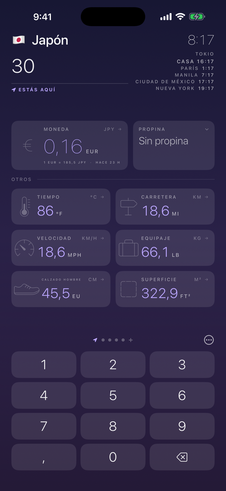 Todas las unidades a la vez. 30 € también son 86 °F, 18,6 millas y 66,1 lb.