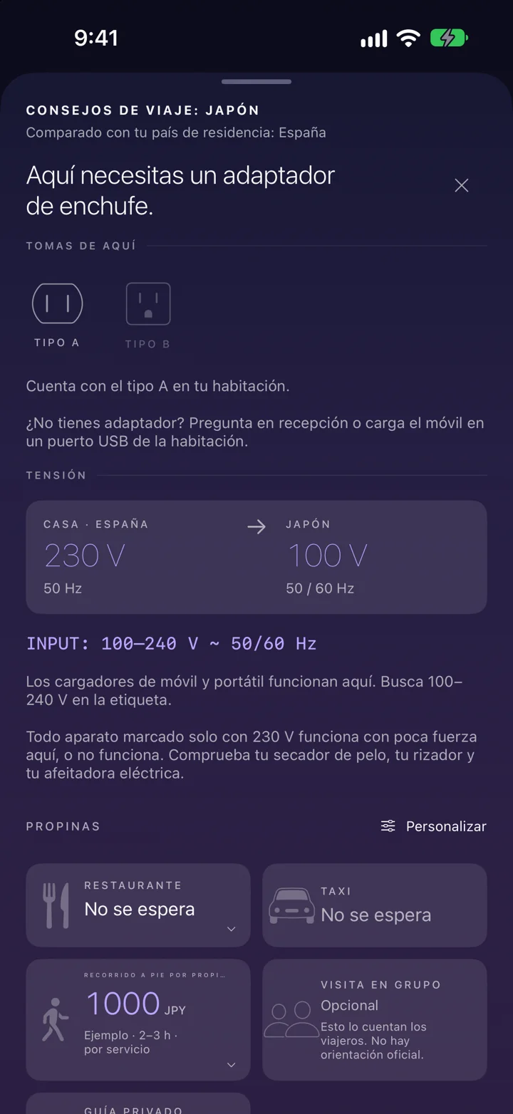 Antes de enchufar. Compara enchufes y tensión con casa. Lee el aviso una vez y ten los consejos siempre a mano.