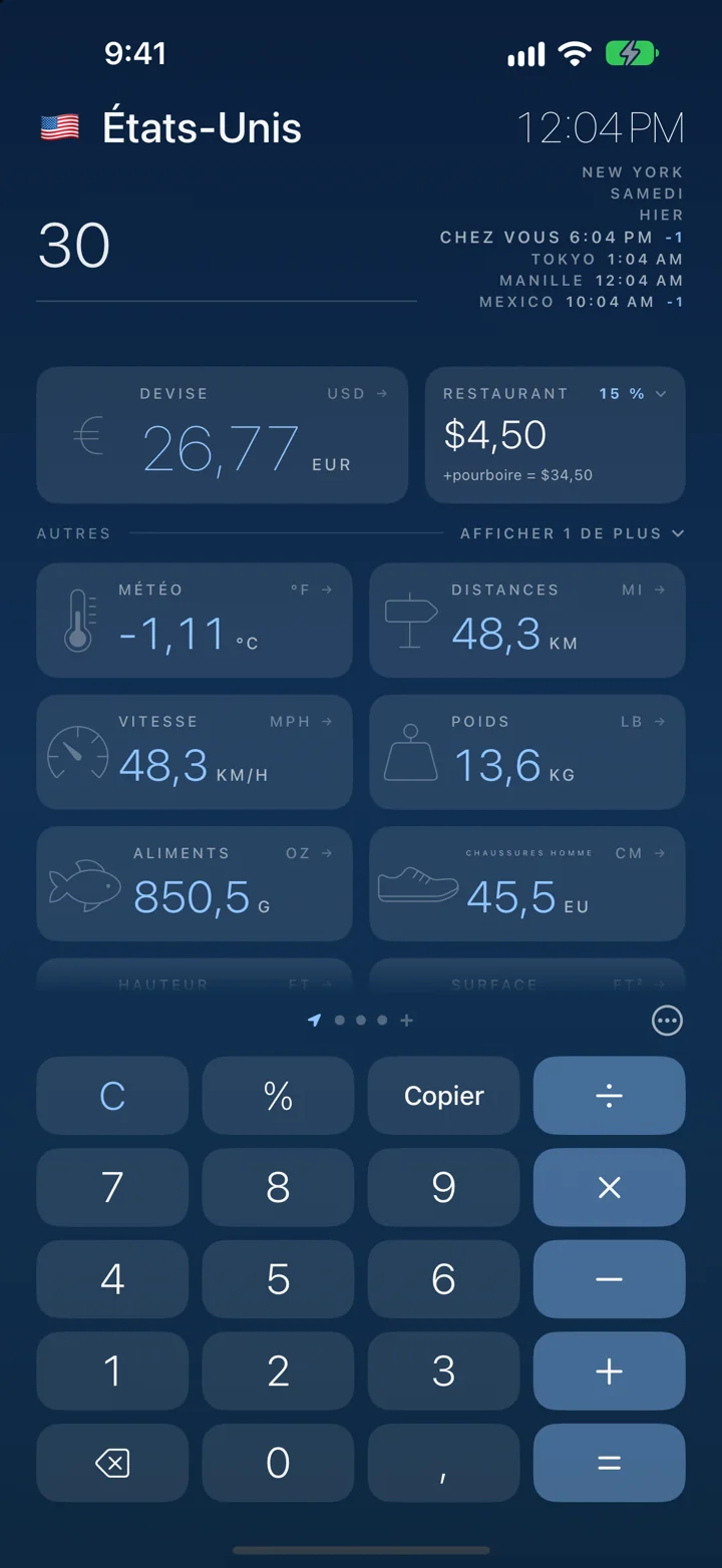 Toutes les unités à la fois. 30 €, c'est aussi 86 °F, 18,6 miles et 66,1 lb.