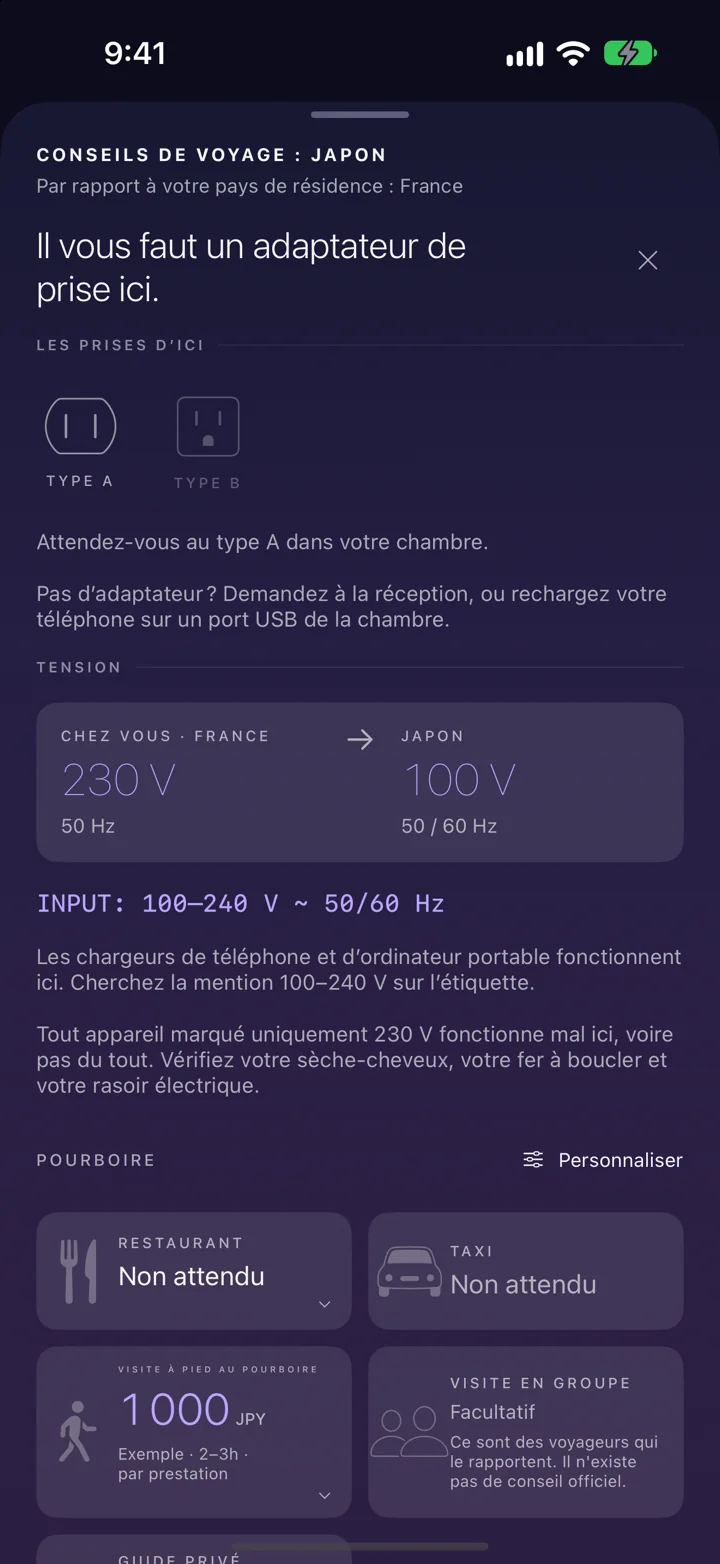 Avant de brancher. Comparez prises et tension avec chez vous. Lisez l’avertissement une fois, puis retrouvez les conseils à tout moment.