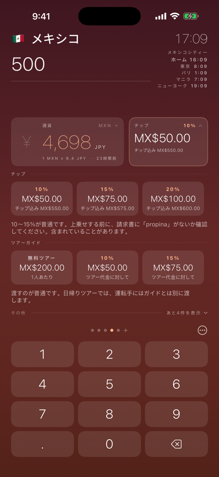 ここでのチップの相場と、サービス料が請求書に含まれているかどうか。