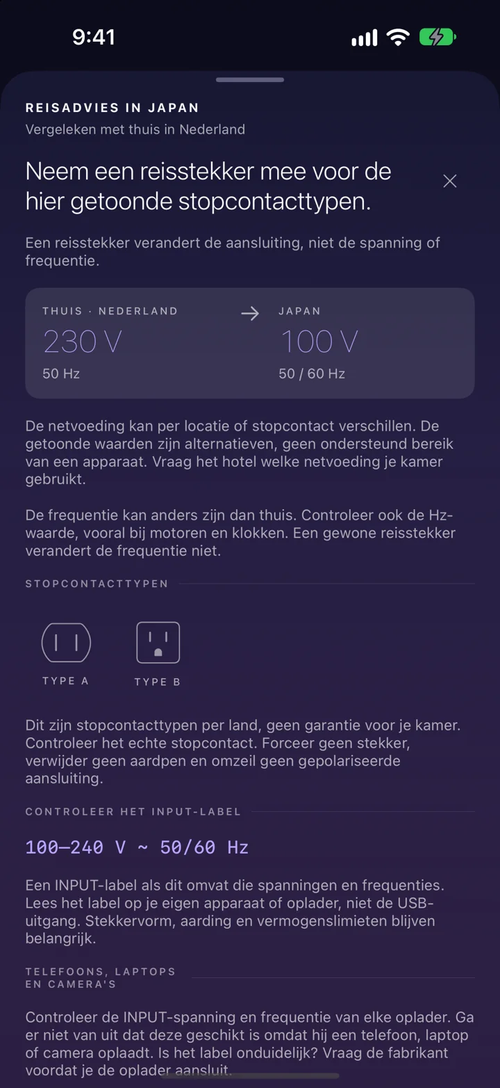 Voordat je de stekker insteekt. Vergelijk stekkers en spanning met thuis. Lees de waarschuwing en houd het advies bij de hand.