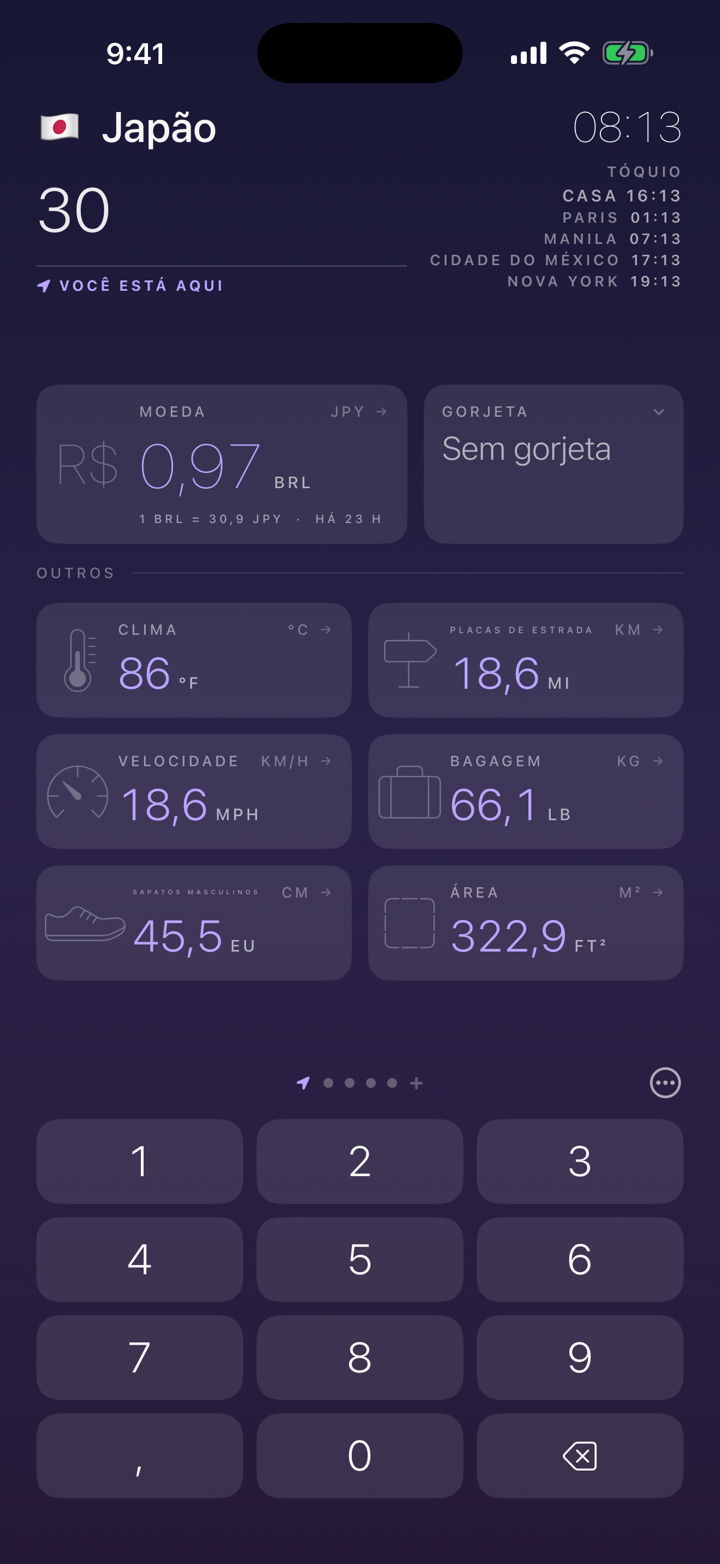 Todas as unidades de uma vez. €30 também é 86 °F, 18,6 milhas e 66,1 lb.