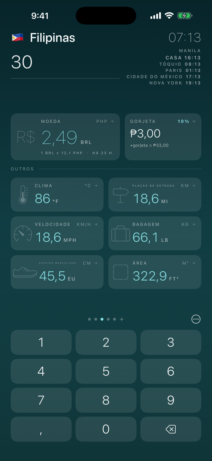 Deslize para outro país e o número vai junto. Sem digitar de novo.