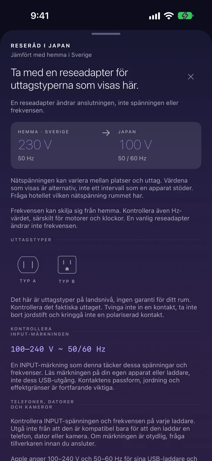 Innan du sätter i kontakten. Jämför kontakter och spänning med hemma. Läs varningen och ha råden nära till hands.