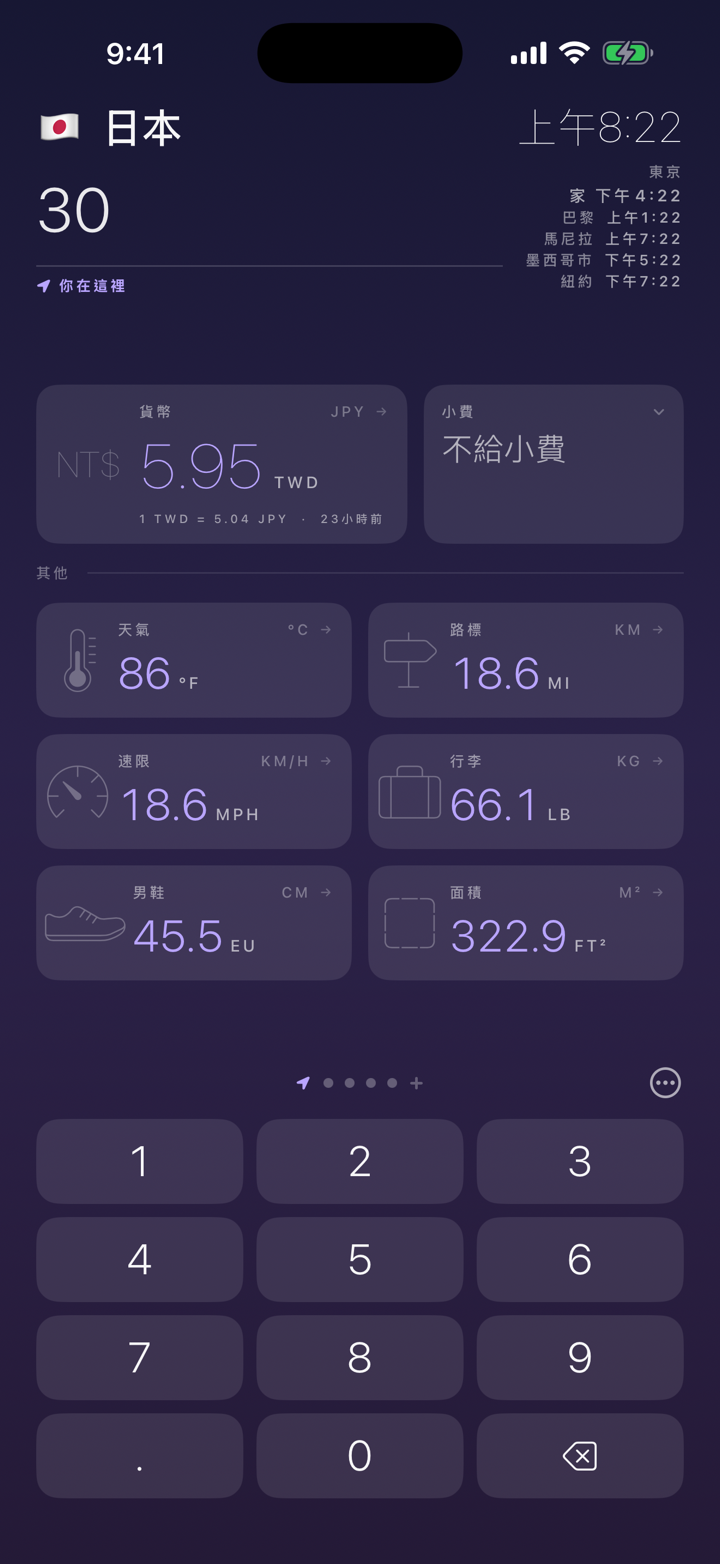 所有單位一次到位。€30 同時也是 86 °F、18.6 英里和 66.1 磅。